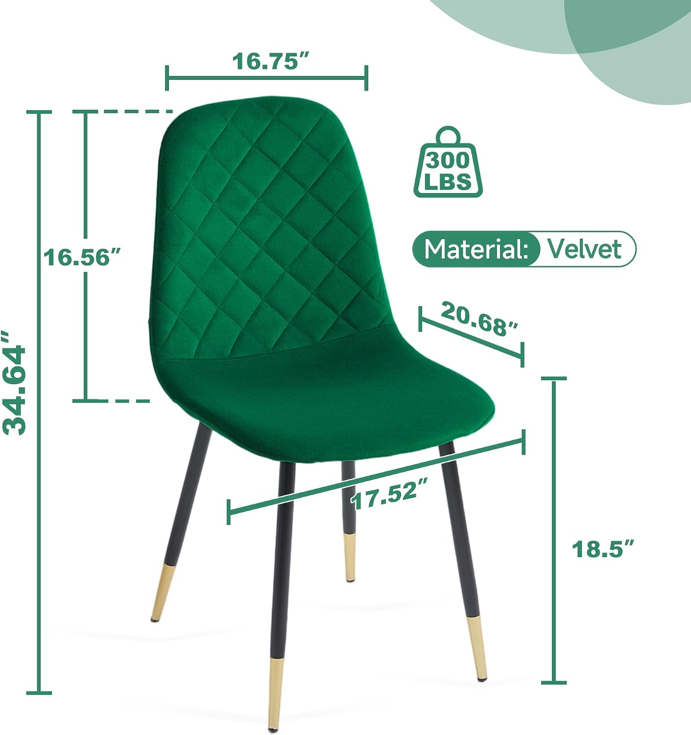 Velvet Green Dining Chairs Set of 4 - Upholstered Kitchen & Dining Room Chairs with Metal Legs, Mid-Century Modern Chairs for Living Room Dining Room Kitchen Bedroom