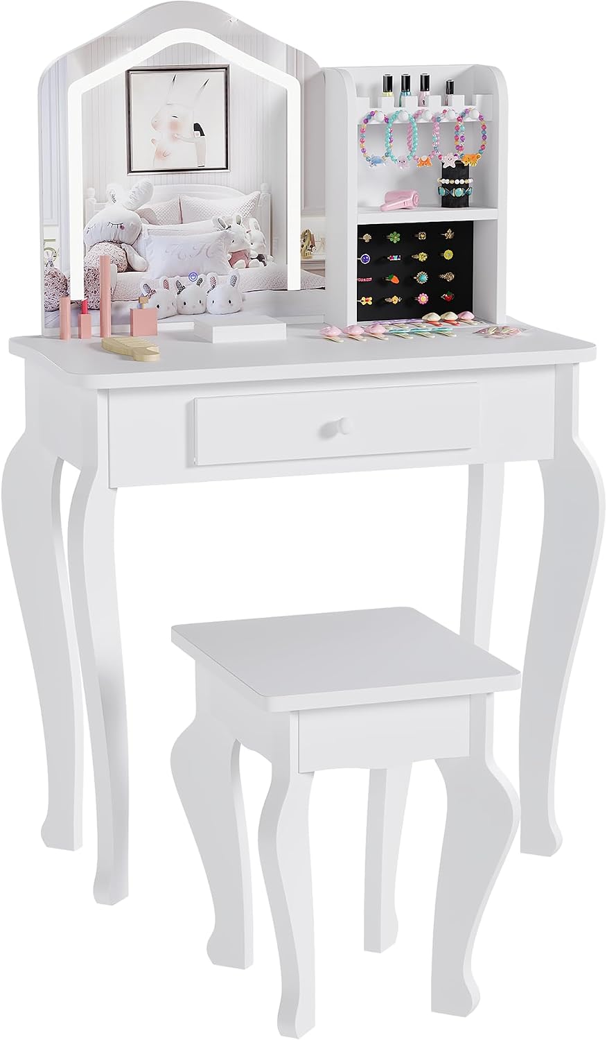 Kids Vanity with Lighted Mirror | Toddler Vanity Table and Chair Set, Girls Makeup Playset, White
