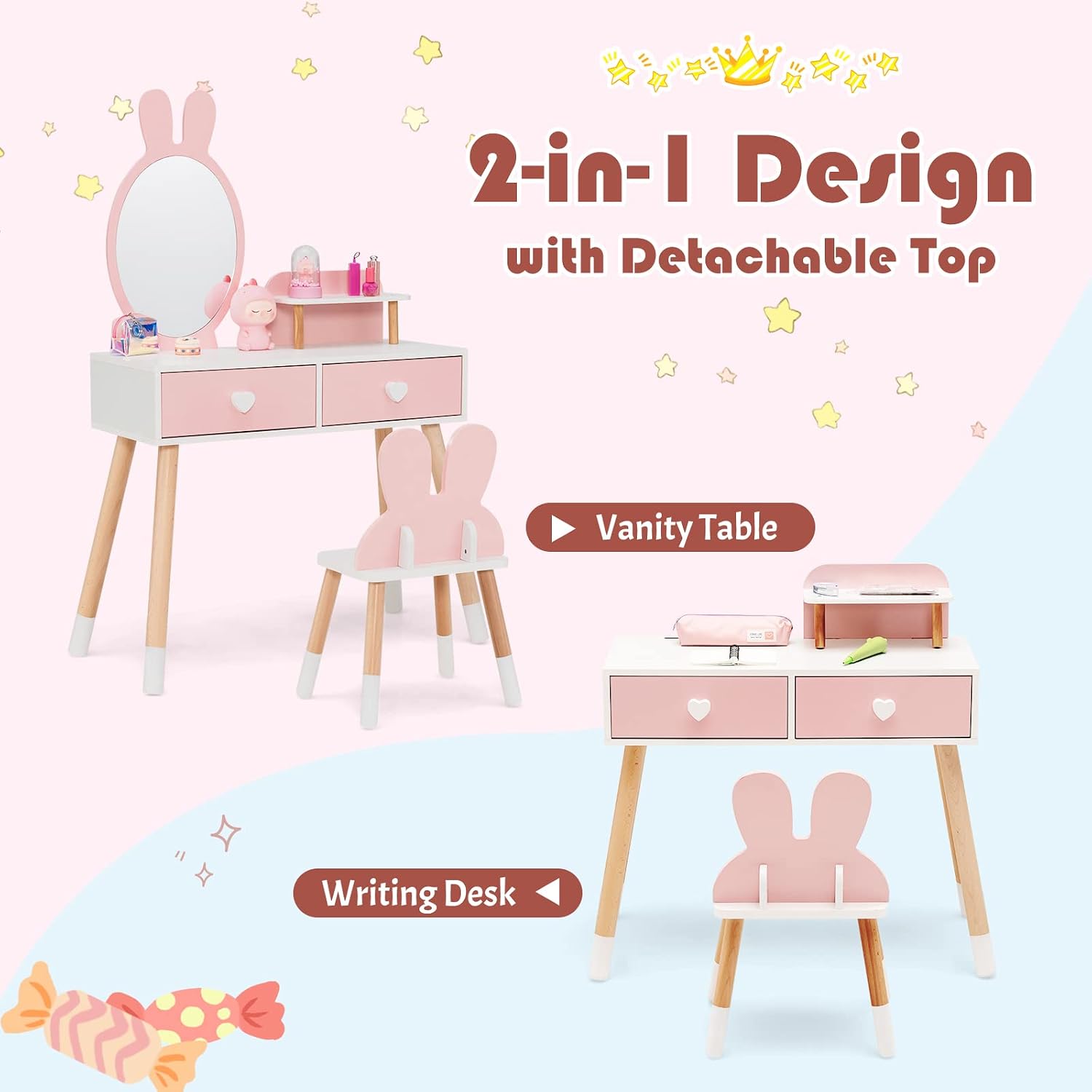 INFANS Kids Vanity Set, 2 in 1 Wooden Princess Makeup Table and Chair with Mirror Storage Drawers Shelf, for Little Girls, Rabbit Themed Toddler Dressing Desk Beauty Play Set Gift