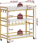 BON AUGURE Gold Bar Cart on Wheels for Home with Wine Rack & Glass Holders | 3-Tier, Rolling Serving Cart for liquor, Wine and Beverages, Lockable Mobile Wheels for Home Bars, Faux Marble+ Gold Frame