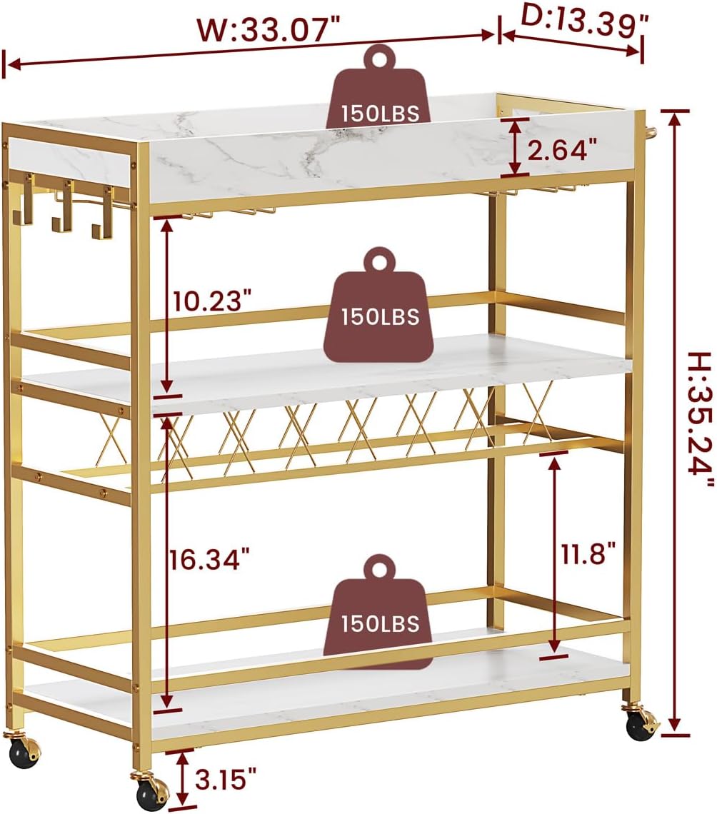 BON AUGURE Gold Bar Cart on Wheels for Home with Wine Rack & Glass Holders | 3-Tier, Rolling Serving Cart for liquor, Wine and Beverages, Lockable Mobile Wheels for Home Bars, Faux Marble+ Gold Frame