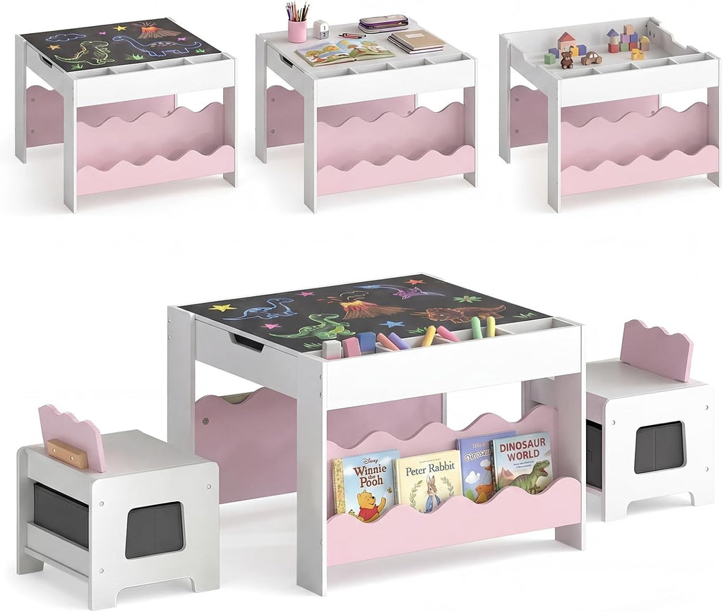 HONEY JOY Wooden Kids Table and Chair Set w/Double-Sided Tabletop | Toddler Activity Table and Chairs w/ Chalkboard, Bookshelves, Small Compartments and Fabric Drawers for Art & Crafts