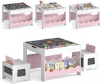 HONEY JOY Wooden Kids Table and Chair Set w/Double-Sided Tabletop | Toddler Activity Table and Chairs w/ Chalkboard, Bookshelves, Small Compartments and Fabric Drawers for Art & Crafts