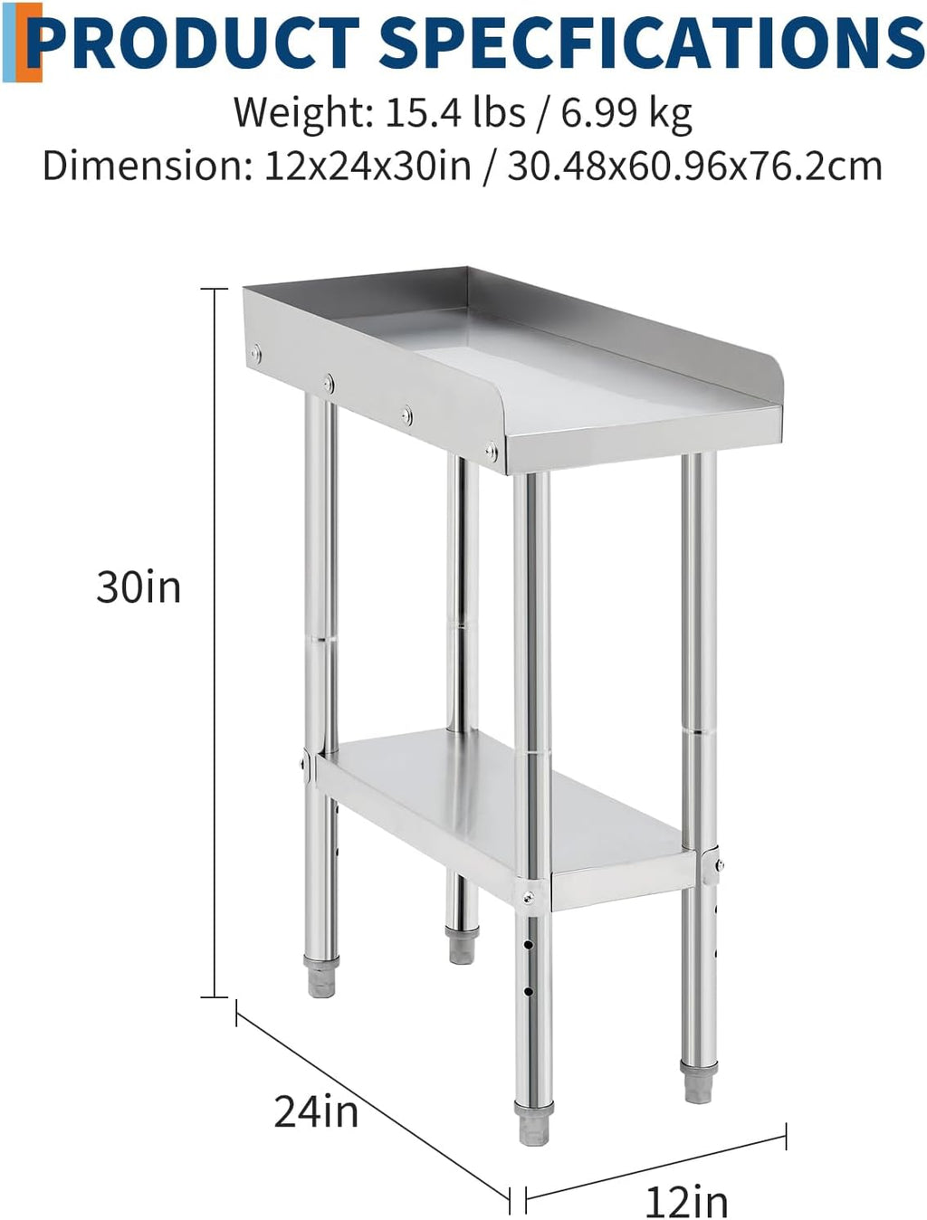 Equipment Grill Stand Table 12x24x30 Inch Stainless Steel NSF Certified 400 Lbs Capacity with Adjustable Legs, 2" Edge Baffle, for Hotel, Home, Commercial Restaurant Kitchen