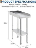 Equipment Grill Stand Table 12x24x30 Inch Stainless Steel NSF Certified 400 Lbs Capacity with Adjustable Legs, 2" Edge Baffle, for Hotel, Home, Commercial Restaurant Kitchen