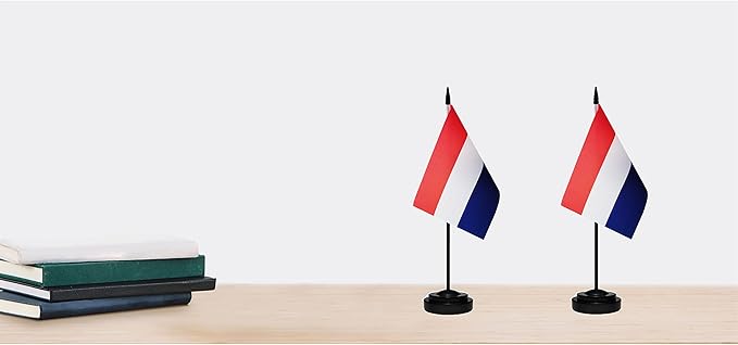 Netherlands Dutch Deluxe Desk Flag Set, Small Mini Miniature Netherlands Dutch Table Desktop Flags With Solid Pole, Black Base and Spear Top(2 Pack)