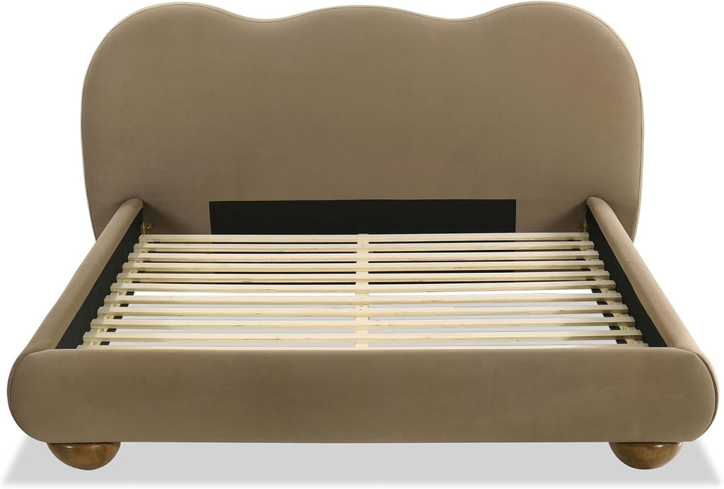Furniture of America Lunaria Modern Velvet King Platform Bed with Camelback Headboard and Round Bun Wood Feet, Upholstered Bedframe for Bedroom, Guest Room, No Box Spring Needed, Brown