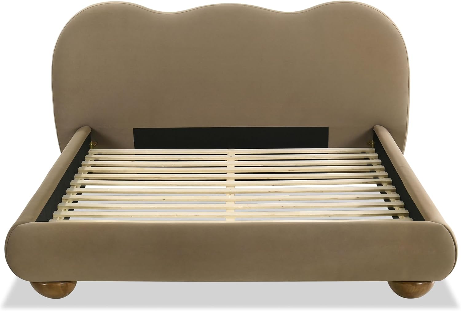 Furniture of America Lunaria Modern Velvet King Platform Bed with Camelback Headboard and Round Bun Wood Feet, Upholstered Bedframe for Bedroom, Guest Room, No Box Spring Needed, Brown