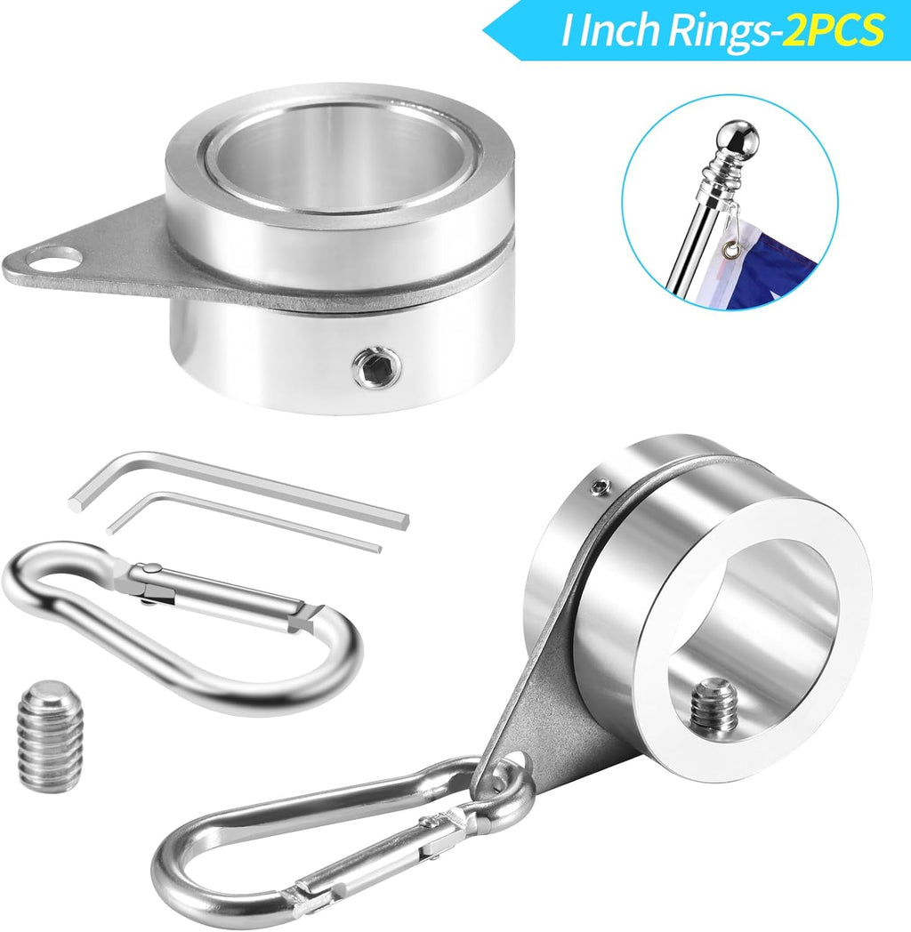 Flag Pole Rings, 1" Spinning Flagpole Ring Clips, 2 Pcs Aluminum Alloy & Steel 360° Rotating Anti Wrap Flag Mounting Rings with Snap Carabiners for 0.75-1.02 Inch Diamete Flagpole (Φ1, Silver)