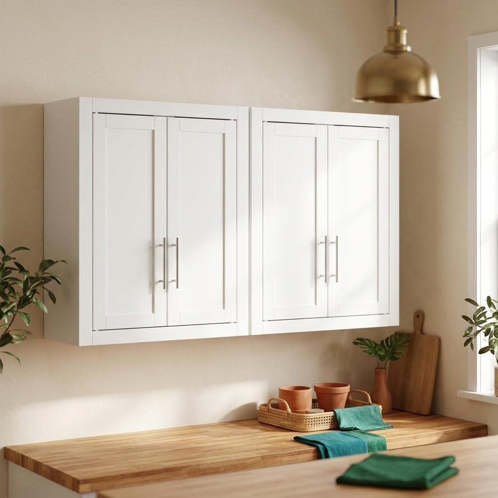 Furnifact White 2-Piece Wall Kitchen Cabinet Set, MDF Birch Veneer, Floating Mounted Kitchen Storage, Pantry Wall Organizer