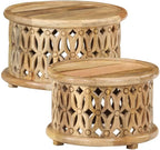 2 Piece Coffee Table Set Solid Mango Wood Round Nesting End Tables for Living Room Brown