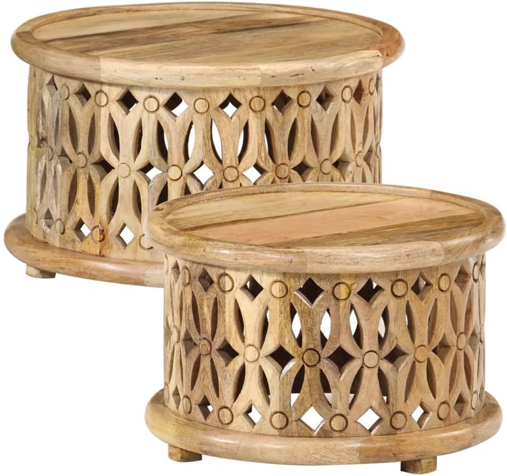 2 Piece Coffee Table Set Solid Mango Wood Round Nesting End Tables for Living Room Brown