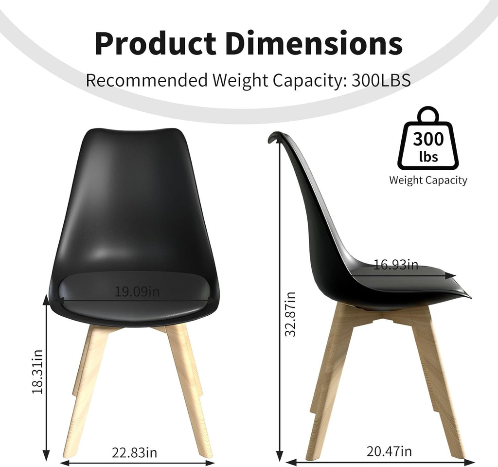 Dining Chairs Set of 4, Mid-Century Kitchen & Dining Room Chairs with Wood Legs and Cushion, Leather Dining Chairs Set for Living Room, Kitchen, Black 4 Pack