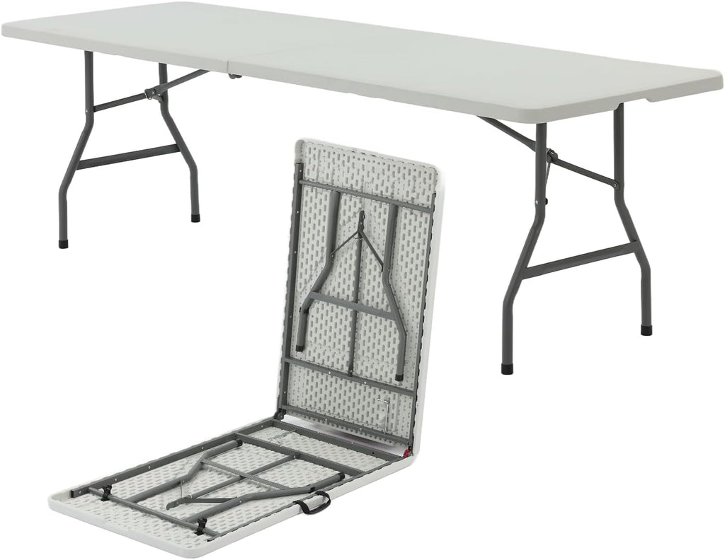 SEALAMB Portable 8FT Plastic Folding Table for Indoor & Outdoor, Heavy Duty Commercial Fold Up Table Picnic Tables Dining Table for Parties Backyard Events(White, 8FT)