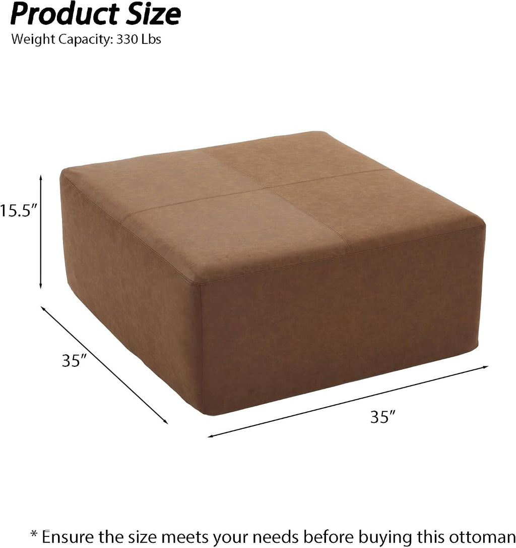 35" Faux Leather Large Square Ottoman Coffee Table for Living Room, Brown | Big Couch Ottoman Footstool