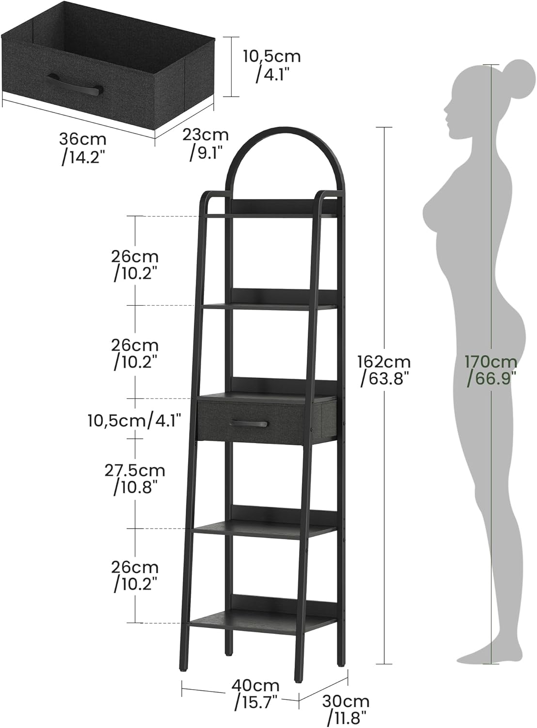 CHOEZON 5 Tier Ladder Shelf with Drawer, Tall Ladder Bookshelf, Standing Bookcase with Metal Frame for Living Room, Bathroom, Home Office, Study, Balcony, Black TCJ07BB