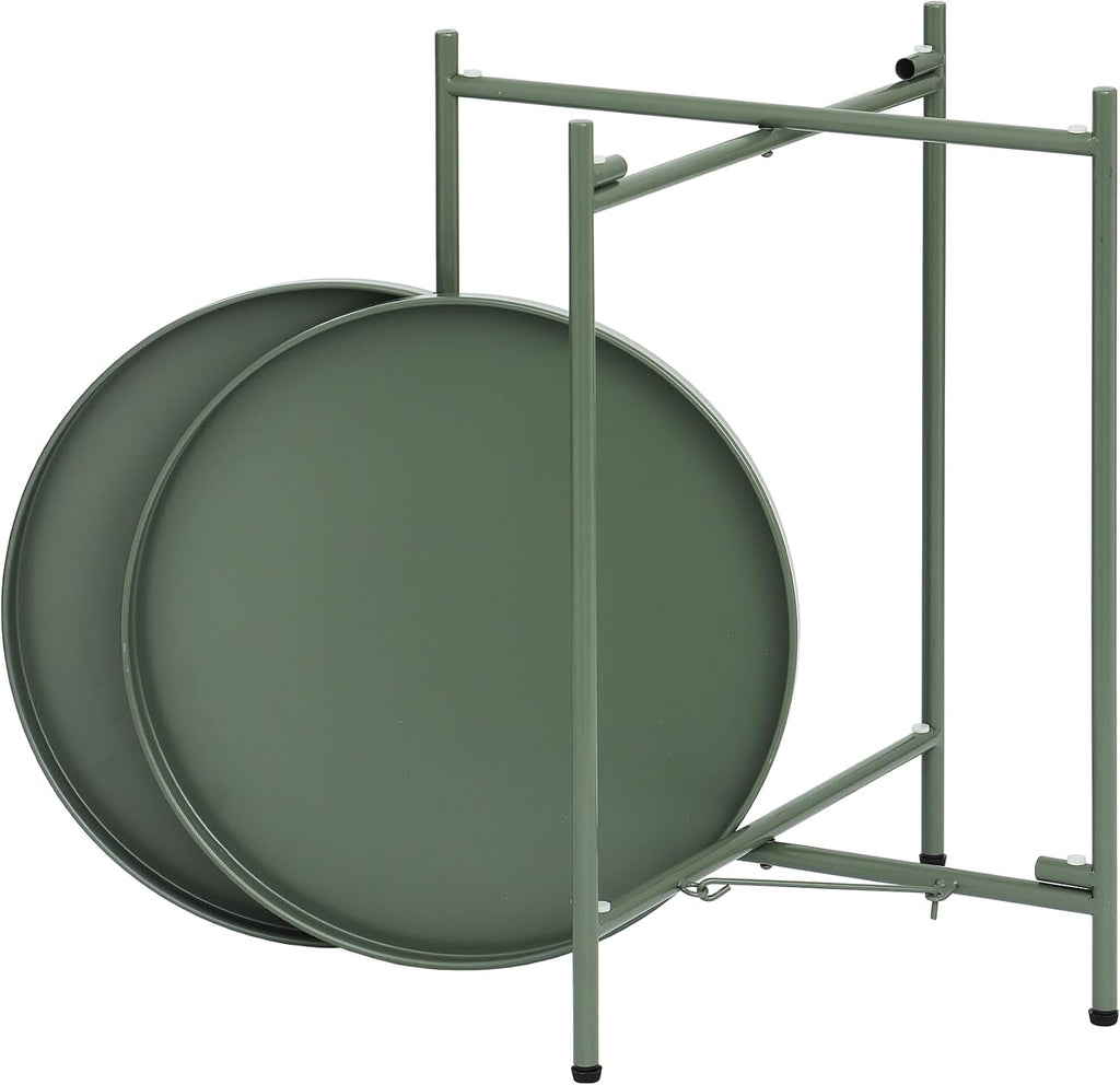 2-Tier Round End Side Table, Small Metal Side Table with Removable Tray, Folding Accent Tables for Living Room, Balcony, Nightstand for Bedroom, Outdoor Tables for Patio, Sage Green
