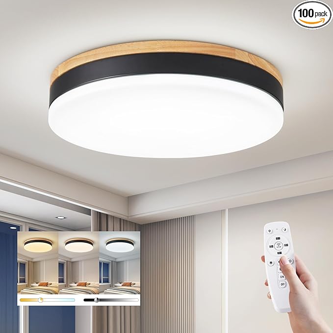 Modern Wood Led Ceiling Lights with Remote, Dimmable 11.8in Black Flush Mount Ceiling Light, 24W 3000K-6000K Light Color Adjustable, 2200LM Round Ceiling Lamp for Bedroom, Kitchen, Hallway