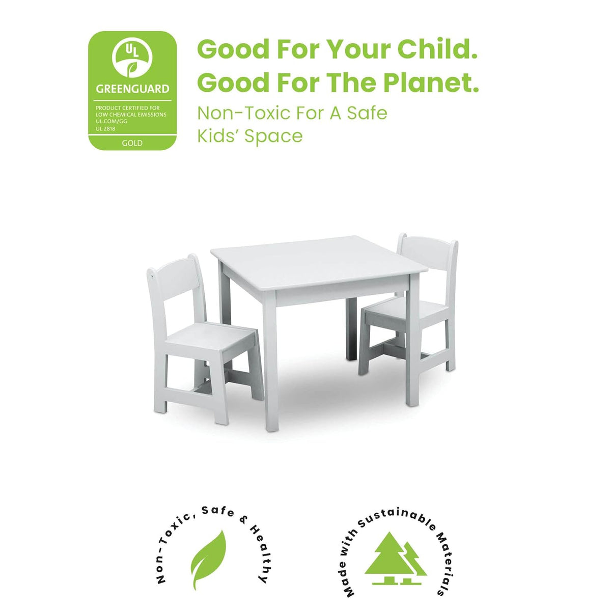 Delta Children MySize Toddler Bed, Bianca White + MySize Kids Wood Table and 2 Chair Set + MySize Deluxe Toy Box (Bundle)
