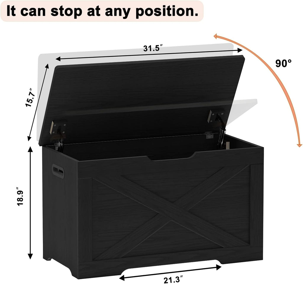 Timberer Storage Chest, Wooden Storage Bench, Entryway Shoes Bench with 2 Safety Hinges, for Living Room, Bedroom, 15.7 x 31.5 x 18.9 Inches, Black