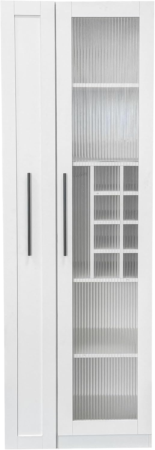 Kitchen Pantry Cabinet with 5-Tier Slim Mobile Shelving Cart, Narrow Pull-Out Utility Cart, Space Saving Storage Organizer Cabinet with Glass Door Wine Racks Cup Holder, Corner Pantry, Home Bar, White