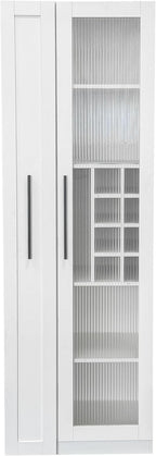 Kitchen Pantry Cabinet with 5-Tier Slim Mobile Shelving Cart, Narrow Pull-Out Utility Cart, Space Saving Storage Organizer Cabinet with Glass Door Wine Racks Cup Holder, Corner Pantry, Home Bar, White