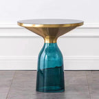 Small Glass Side Table for Living Room – Modern Round End Table with Hand-Blown Glass Base, Tempered Glass Top, Carbon Steel Frame – Accent Table for Bedroom Sofa Couch