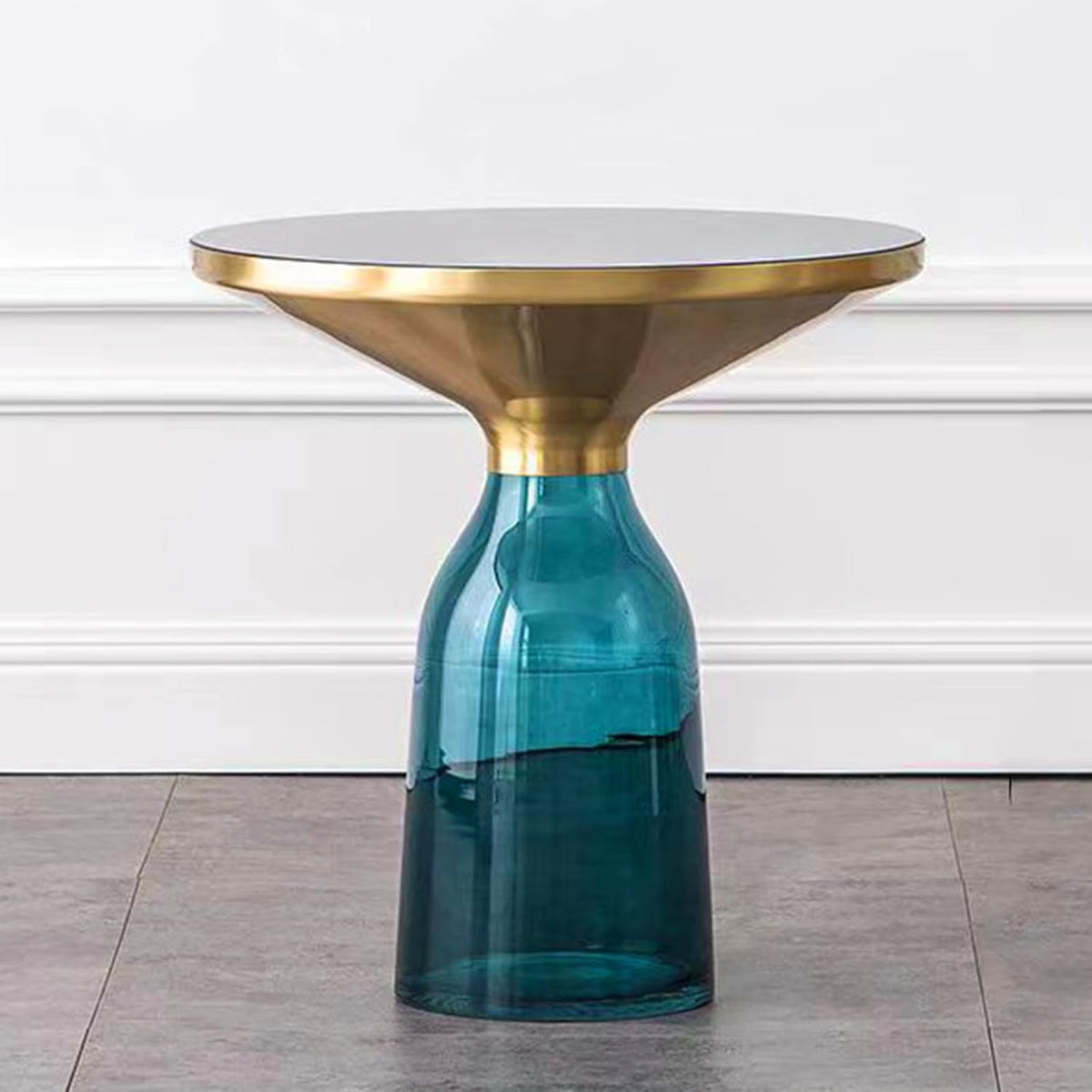 Small Glass Side Table for Living Room – Modern Round End Table with Hand-Blown Glass Base, Tempered Glass Top, Carbon Steel Frame – Accent Table for Bedroom Sofa Couch