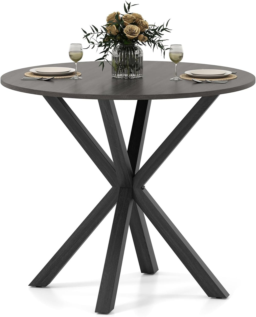 GOFLAME 36” Round Dining Table for 4 People, Wooden Kitchen Table with Intersecting Trestle Legs, Farmhouse Dinner Table for Dining Room, Living Room, Restaurant, Small Space, Dark Grey