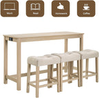 59" Counter Height Bar Table Set with Power Outlet, Industrial Breakfast Table with 3 Padded Stools, 4 Piece Bar Table and Chairs Set for Living Room, Dining Room, Light Oak