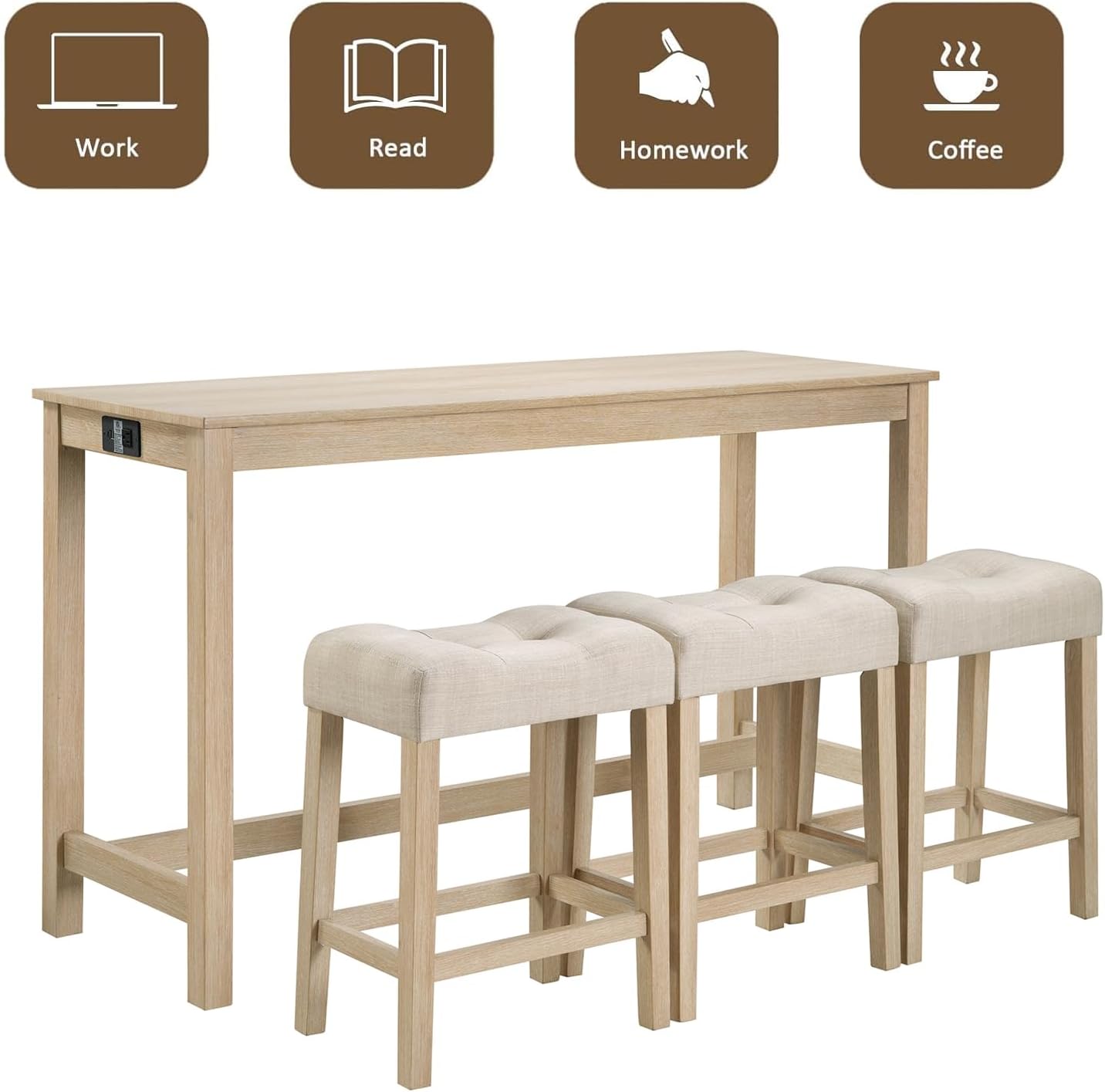 59" Counter Height Bar Table Set with Power Outlet, Industrial Breakfast Table with 3 Padded Stools, 4 Piece Bar Table and Chairs Set for Living Room, Dining Room, Light Oak
