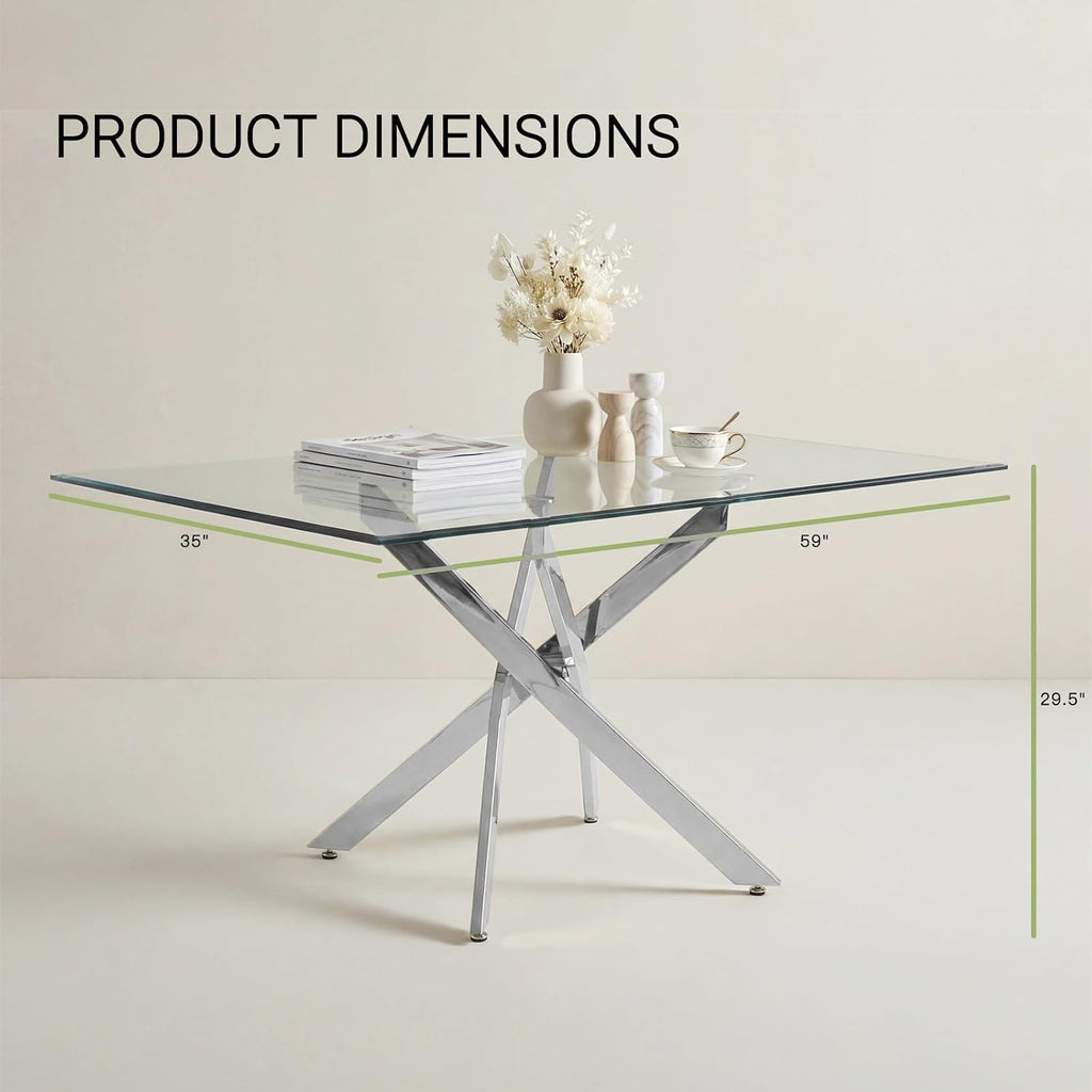 59 Inch Glass Dining Table for 6, Modern Square Kitchen Table with Silver Legs, Spacious Dining Room Furniture for Home, Living Room, Apartment