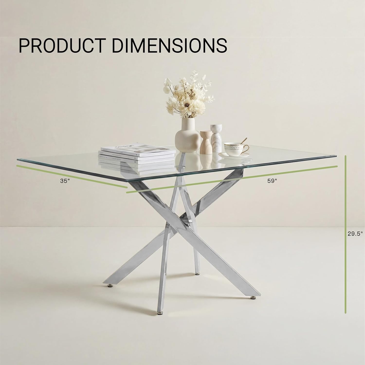 59 Inch Glass Dining Table for 6, Modern Square Kitchen Table with Silver Legs, Spacious Dining Room Furniture for Home, Living Room, Apartment