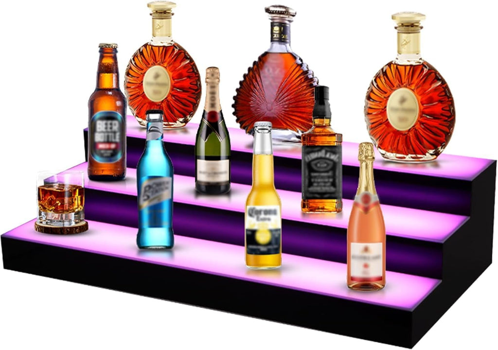 FAHKNS Lighted Liquor Bottle Display, 3 Tiers 24 Inch Acrylic Bar Shelf with Remote Control, Multicolor LED Illuminated Whiskey Rack for Home Bar