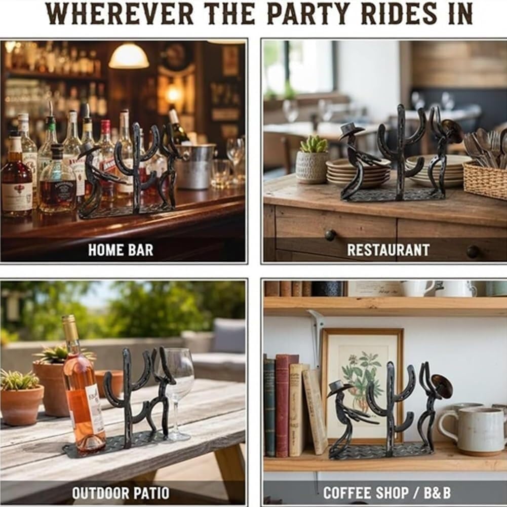 Cowboy Wine Bottle Holder Gift for Men - Heavy Duty Metal Cactus Wine Rack - Rustic Western Decor Countertop Stand - Unique Southwestern Sculpture for Bar, Kitchen, Office