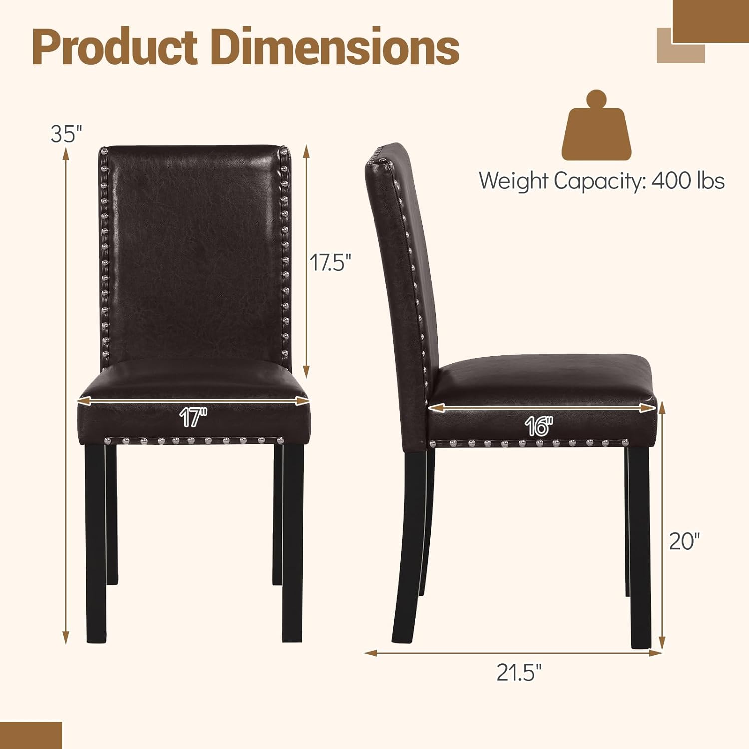 GOFLAME Upholstered Dining Chairs Set of 2, Faux Leather Parsons Chairs with Rubber Wood Legs, Padded Seat and Nailhead Trim, Modern Kitchen Chairs for Living Room, Dining Room, Restaurant, Brown