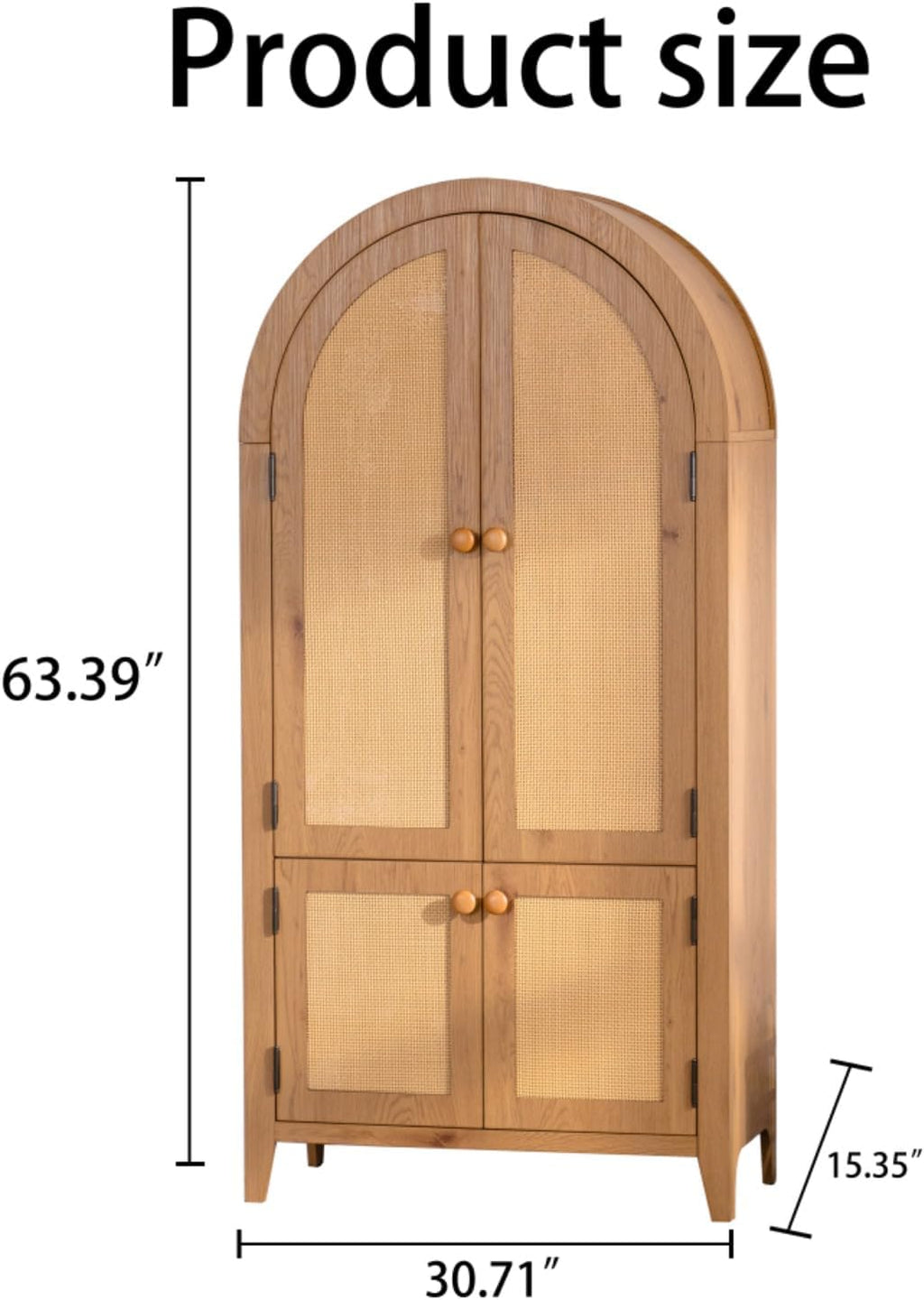 Hassyee Arched Kitchen Pantry Cabinet, Arched Bookcase Rattan Storage Cabinet with Doors Adjustable Shelves, Farmhouse Freestanding Cupboard for Bathroom, Living Room, Dining Room