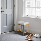 Saddle Seat Vanity Stool, Makeup Stool Chair with Metal Leg, U-Shaped PU Leather Ottoman Foot Rest, Small Square Chairs Under Desk for Vanity, Living Room, Modern Makeup Bench White&Gold