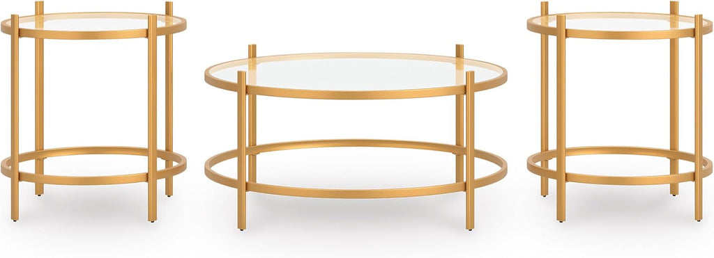 GTU Furniture Casual Glass Square 3-Piece Coffee Table Set, Cocktail Table with 2 Matching End Tables, Gold Finish for Living Room