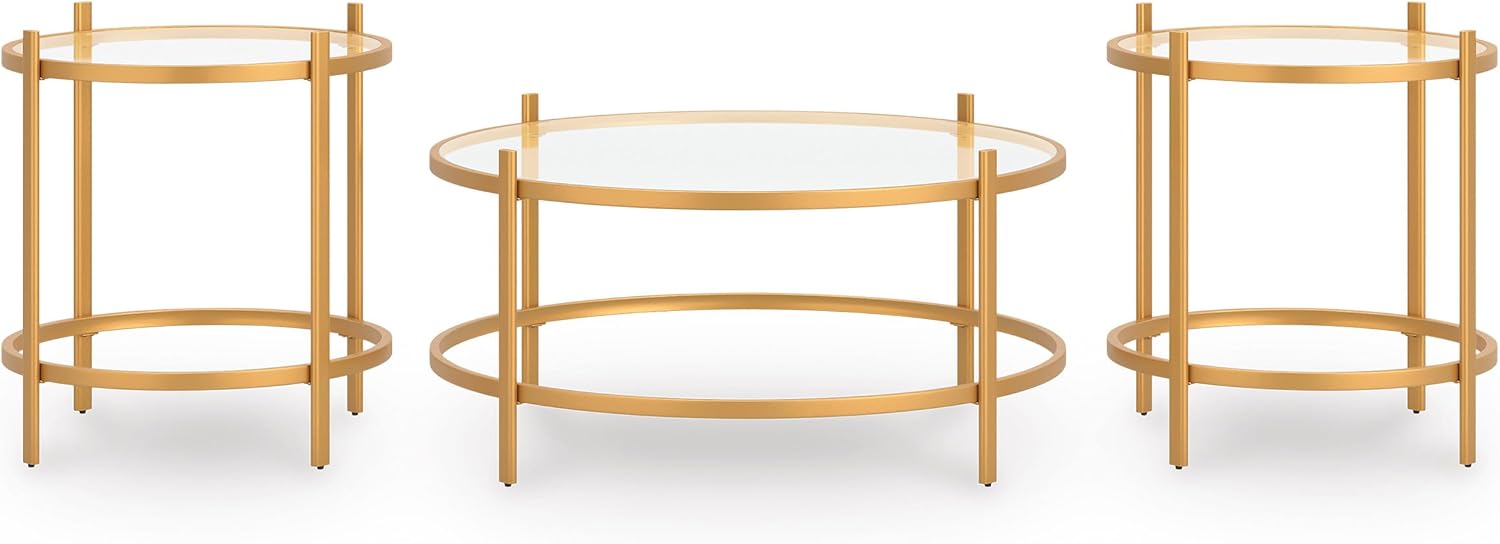 GTU Furniture Casual Glass Square 3-Piece Coffee Table Set, Cocktail Table with 2 Matching End Tables, Gold Finish for Living Room