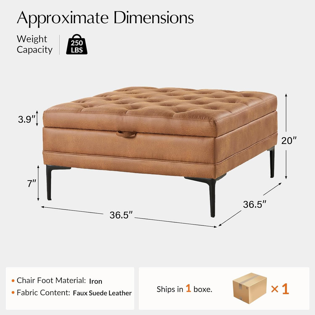 HULALA HOME Tufted Faux Leather Coffee Table, Camel | 36.5" Square Storage Ottoman with Metal Legs, Large Upholstered Ottoman for Couch and Living Room