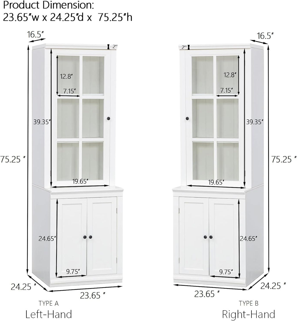 Havemies 75" Freestanding Pantry Cabinet with Glass Lattice Door, Large Farmhouse Kitchen Storage with Double-Action Hinges for Dry Food & Supplies, White
