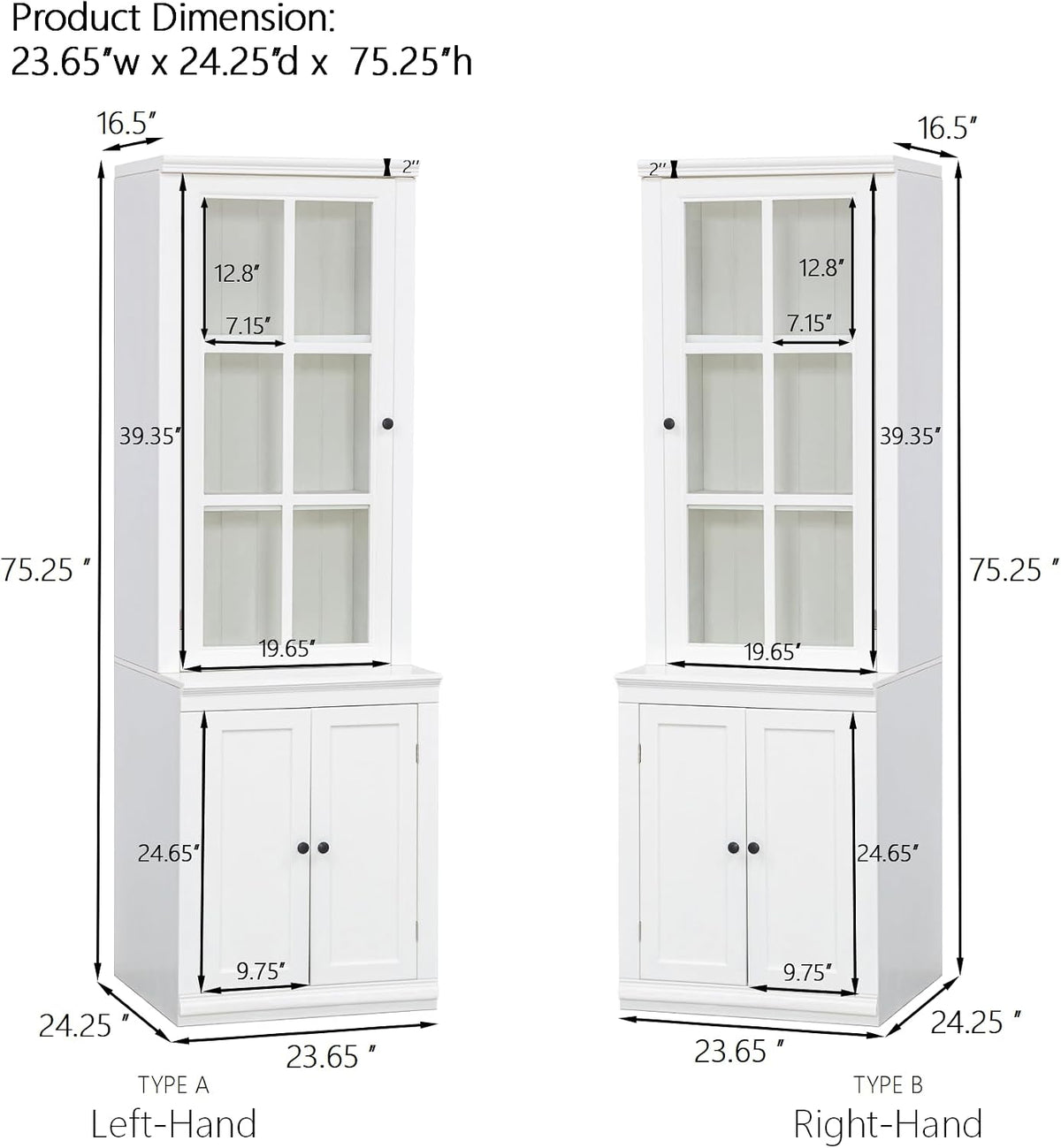 Havemies 75" Freestanding Pantry Cabinet with Glass Lattice Door, Large Farmhouse Kitchen Storage with Double-Action Hinges for Dry Food & Supplies, White