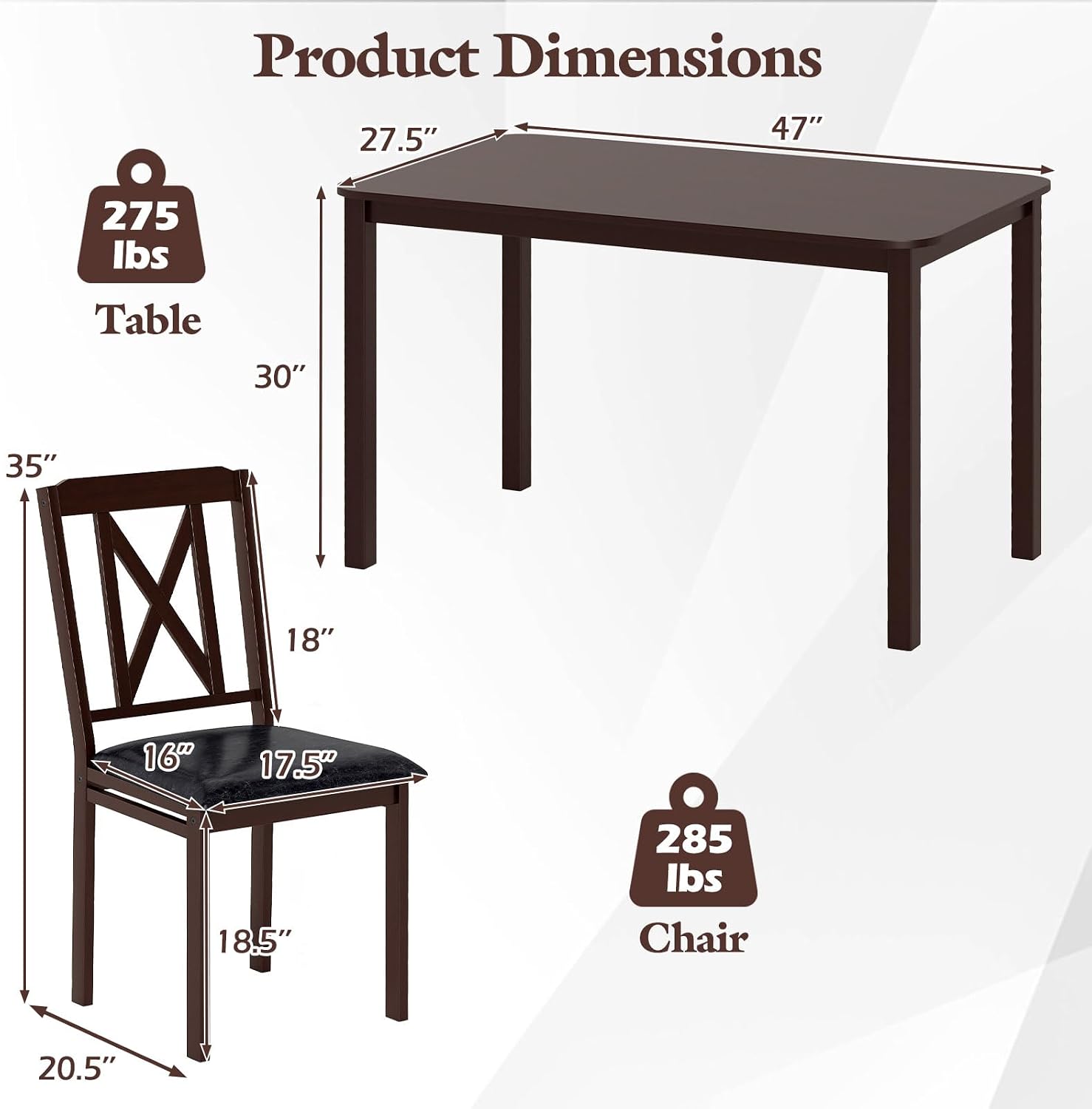 Giantex 5-Piece Dining Table Set for 4, 47" Rectangular Kitchen Table & 4 Chairs with Rubber Wood Legs, Upholstered Seat, Space-Saving Dinette Set for Small Spaces, Living Room, Apartment, Restaurant
