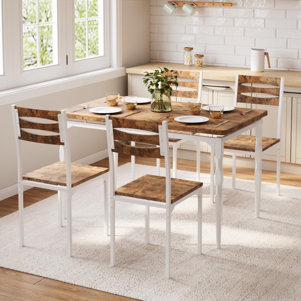 GarveeHome 5 Piece Dining Table Set, Industrial Style Dining Table and Chairs Set for 4, Kitchen Table Set for Dining Room Kitchen Apartment, White Brown