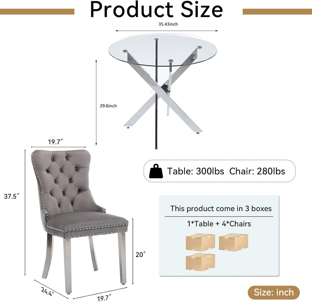 Round Glass Dining Table Set,36'' Glass Kitchen Dining Table Set for 2 4,5-Piece Glass Dinner Table Set with Silver Metal Legs and Velvet Chair Set for Kitchen Dining Room Furniture
