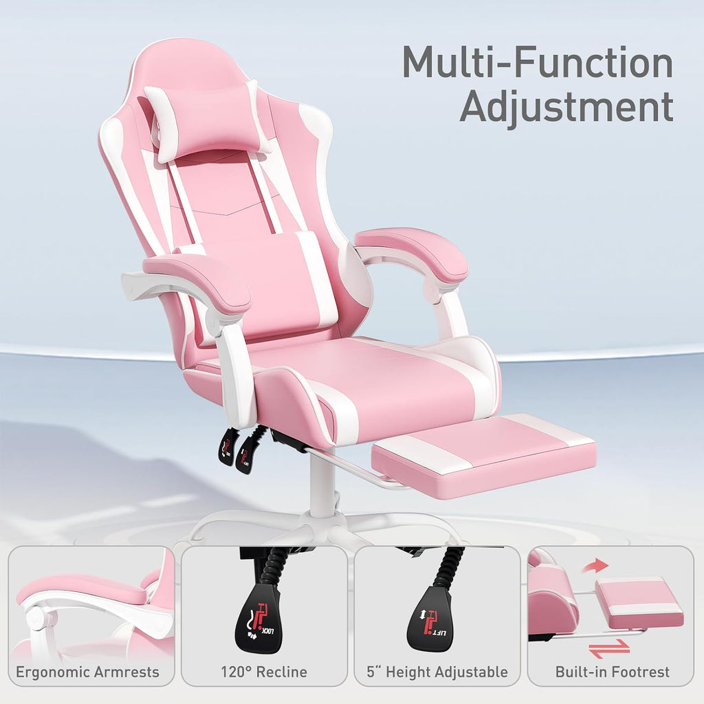 MoNiBloom Gaming Chair, Footrest & Lumbar Support, Height Adjust, Pink | Headrest & Lumbar Support, Ergonomic Computer chair, for Girl women Adult Teen Office or Gaming,Swivel game chair