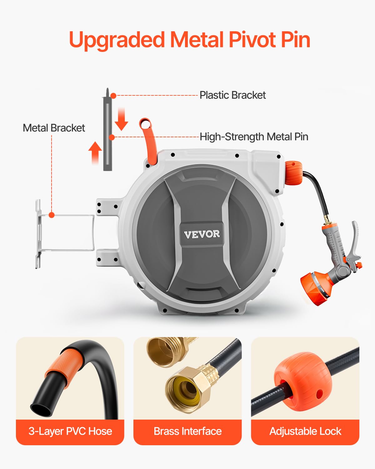 VEVOR Retractable Garden Hose Reel, 5/8 Inch x 100 ft Wall Mounted Hose Reel, Heavy Duty Garden Hose Reel with 9 Patterns Nozzle, Any Length Lock, Upgraded Slow Return System and 180°Swivel Bracket