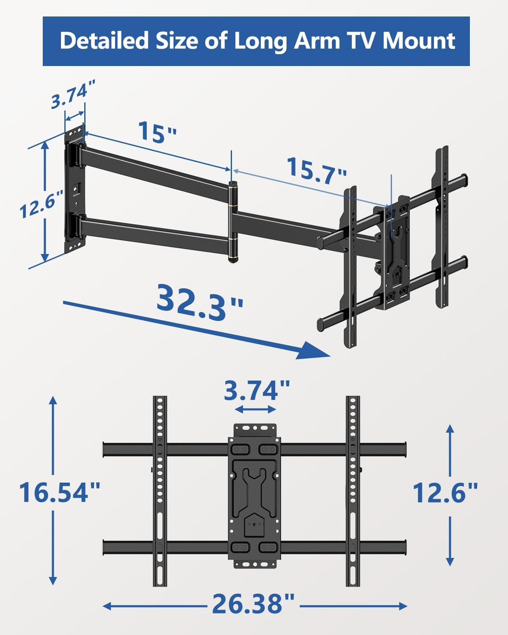 FORGING MOUNT Corner TV Wall Mount Long Arm TV Mount for 32-75 inch TVs | Single Stud Full Motion Articulating TV Bracket with 33” Extension, Swivel Tilt, Max VESA 600x400mm, Holds up to 100 lbs