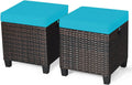 2PCS Patio Outdoor Ottomans, Rattan Wicker Ottoman Seat w/Removable Cushions, Rattan Footstool Footrest Seat, Patio Wicker Furniture Small Chair for Home,Patio, Garden, Backyard (Turquoise)
